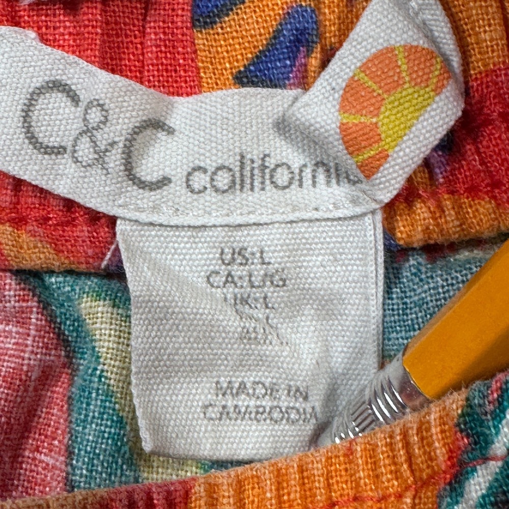 C‎ & C California 100% Linen Pants Tropical Print Wide Leg Cropped Women's L - Picture 3 of 9